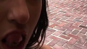 Hot brunette deepthroats dick by the pool before banging